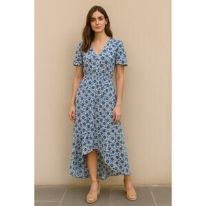 Abel The Label Blue White Floral Midi Dress L Wrap V Neck Cottagecore Boho